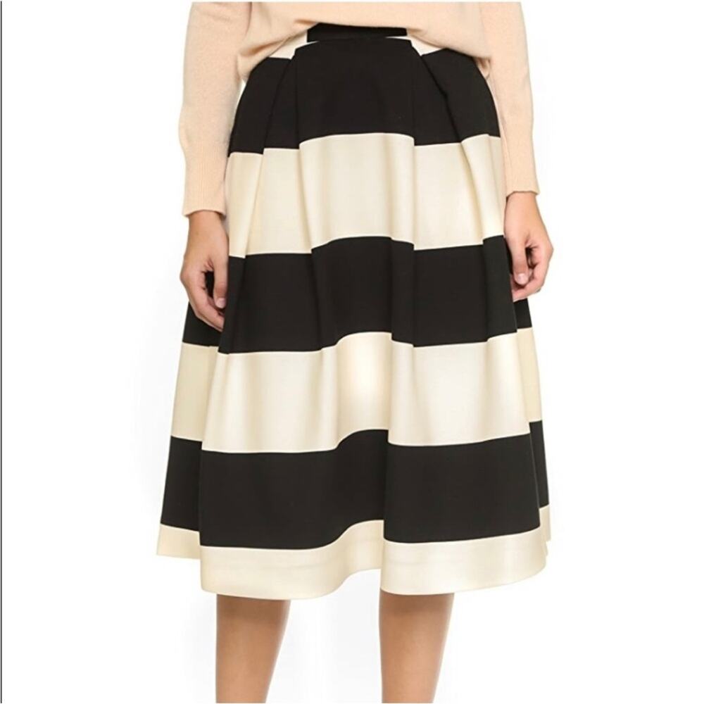 Nicholas Black White Stripe High Rise A Line Pleated Knee Length Skirt Size 2